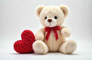Obraz premium Cream teddy bear with red bow sits by knitted heart on clean white background. Toy evokes warmth, love, and gift giving for holidays, romance, or childs play.