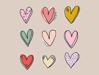 Cute Hand-Drawn Heart Doodles with Color Variations and Imperfections