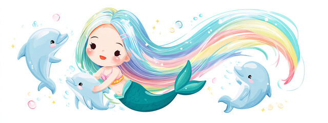 Cute Pastel Kawaii Mermaid with Aqua Tail and Dolphins in Water
