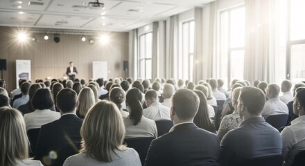 Professional business conference with a large audience attending a presentation in a modern conference room with natural sunlight streaming through large windows and speakers at the front