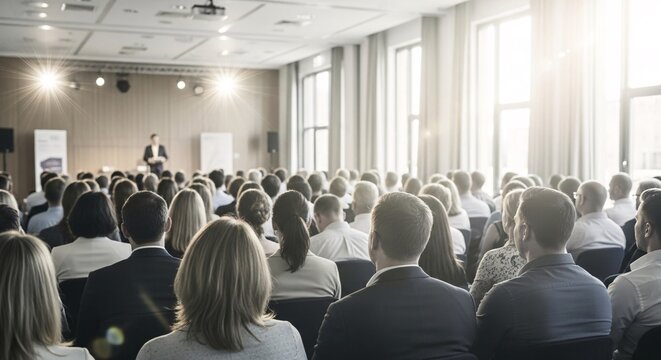 Professional business conference with a large audience attending a presentation in a modern conference room with natural sunlight streaming through large windows and speakers at the front