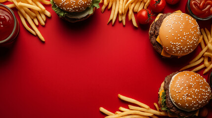 Fast Food Promotion template with copy space, fresh juicy hamburgers and cheeseburgers, french fries and ketchup on bright red background, advertisement mockup