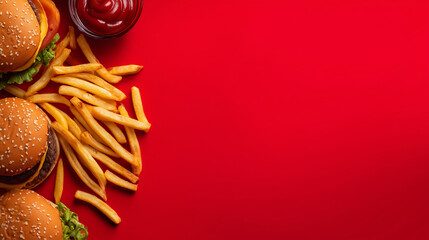Burgers, french fries and ketchup, fast food frame with copy space for advertisement