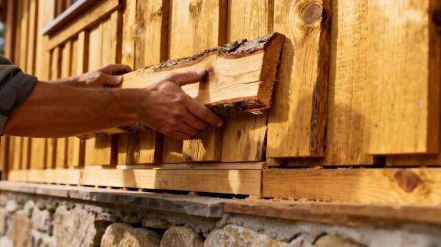 Closeup medium shot of craftsmen fitting natural wood slats onto a building exterior emphasizing traditional cladding materials for a warm building fa&ccedil;ade.