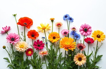 Fototapeta premium Colorful mixed flowers bloom in a row against a clean white backdrop. Various gerbera daisies and poppies create a vibrant spring garden display. Simple botanical arrangement for natural beauty.