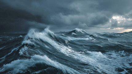Intense Giant Storm Waves Crashing Vehemently in Open Sea