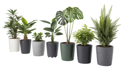 Seven Different Potted Plants in Various Containers on a Gray Surface green plants white pot