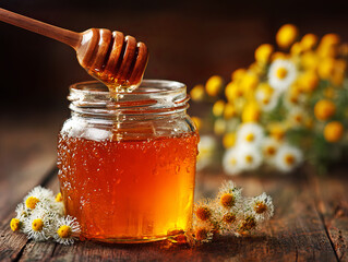 Raw Honey in Glass Jar with Wooden Dipper and Flowers