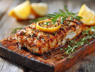 Grilled Fish Fillet Served on Wooden Board with Fresh Lemon Slices