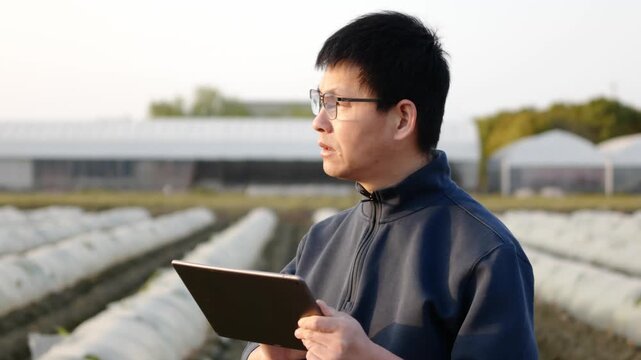 Young East Asian man wearing glasses holding a tablet while inspecting crops in a field