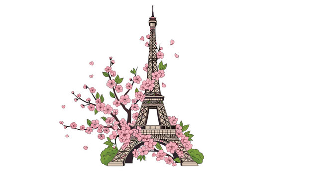 Iconic eiffel tower landmark beautifully decorated with blooming pink cherry blossom branches for a romantic spring concept in paris.