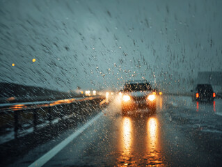 Heavy Rainstorm on Open Highway with Glowing Car Headlights
