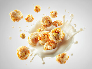 High Key Image of Puffed Corn Snacks in Milk Splash Concept
