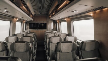 Interior of a Luxury Bus with Comfortable Seating and Modern Amenities.