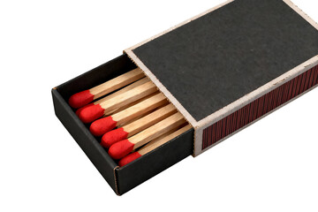 Open Matchbox with Red Tipped Wooden Matches Isolated on Black Background