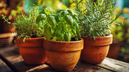 Fresh Herbs in Pots: Close-Up of Basil, Rosemary, and Thyme