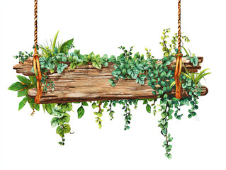 Wooden Swing with Green Vines and Jungle Plants for Adventure Game