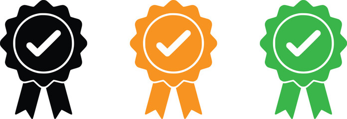 Certified premium quality seal icon set with minimalist award medals and checkmark symbols for trust and product verification