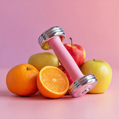 Pink Dumbbell Surrounded by Fresh Fruits on Colorful Background