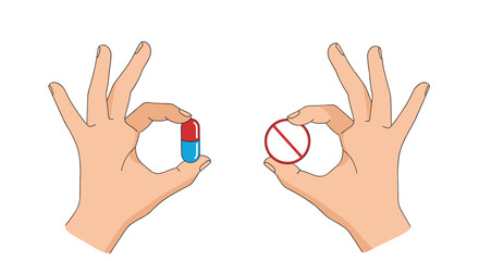 Two hands shown against a white background, one holding a red and blue medical capsule and the other a red ban symbol.