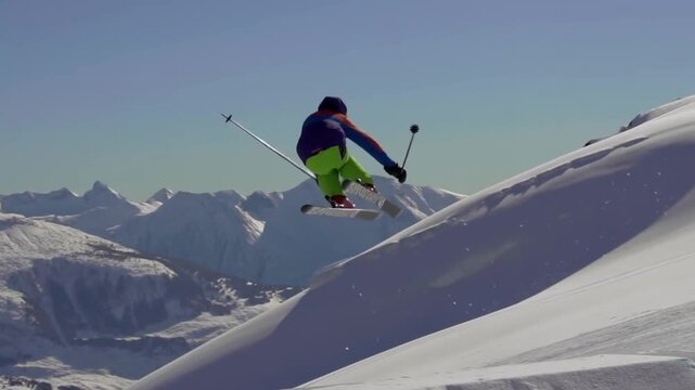 A skier performing a jump on a snowy mountain, with blue sky background. The skier showcases a graceful and dynamic performance. Stock Video