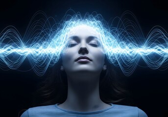 Woman with closed eyes surrounded by glowing sound wave energy, showing deep focus, meditation, neural activity, mindfulness, inner balance, emotional calm, and futuristic mind awareness