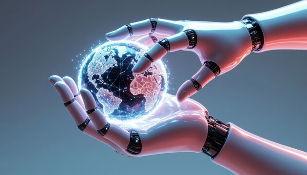 Robot Hands Holding Earth - Powered by Adobe