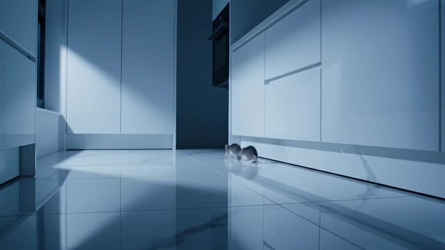 Small mouse scurries across a pristine kitchen floor at night