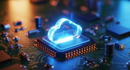 Futuristic digital cloud icon glowing above a microchip on a circuit board representing cloud computing technology and data storage solutions