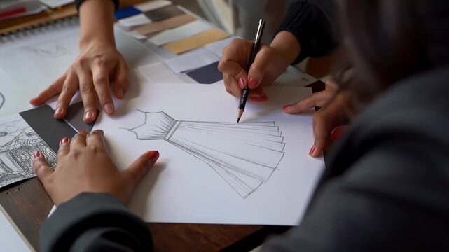 Fashion designers collaborate on dress design, sketching details together. A focused session demonstrating creativity Stock Video