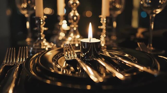 Elegant Table Setting For A Formal Dinner With Lit Candles And Wine Glasses