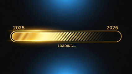 Golden loading bar from 2025 to 2026 with modern blue glow