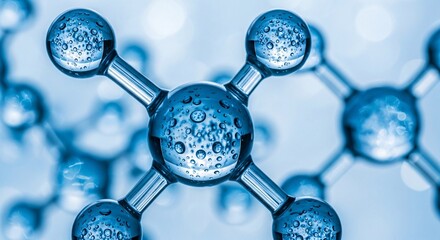 Close-up of molecular structure in blue tones representing chemical bonds and atoms for scientific research and educational purposes