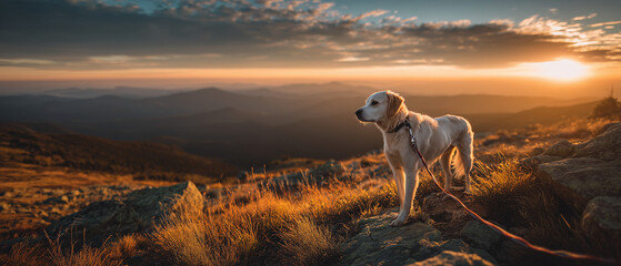 dog hiking mountain ridge at sunset, adventurous dog on scenic mountain trail, golden hour landscape with dog walking
