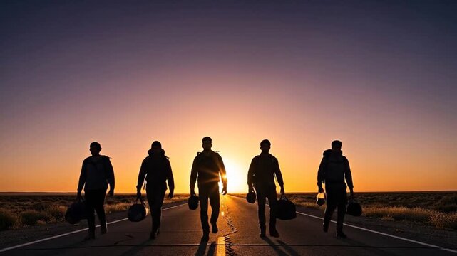 Powerful silhouette of people walking journey on long empty road at sunset.