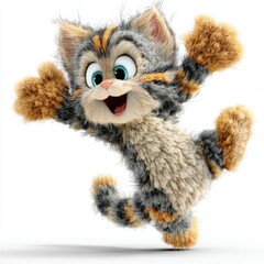 A playful kitten joyfully chasing its own tail, showcasing pure feline energy and innocence against a white background.