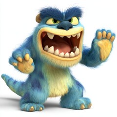 A playful and mischievous monster peeks out while giggling, hiding behind its fluffy tail against a white background.