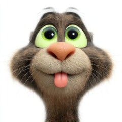 Whimsical cat with oversized eyes and quirky expression, playful tongue out against a pure white background.