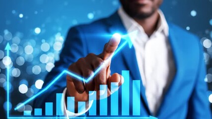 A businessman in a blue suit interacting with a virtual graph on a futuristic interface in a video. Action Plan Goal Footage - Powered by Adobe