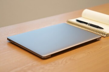 Silver laptop computer on wooden desk with open notebook and pen beside it on coiled spine
