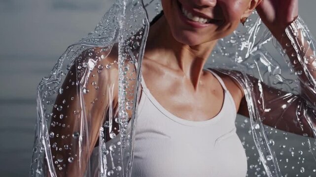 Woman Wearing Transparent Rain Jacket with Water Drops