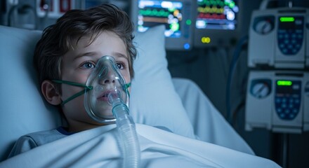 Young boy in hospital bed wearing oxygen mask receiving medical treatment in intensive care unit with monitoring equipment and advanced healthcare technology for critical illness recovery