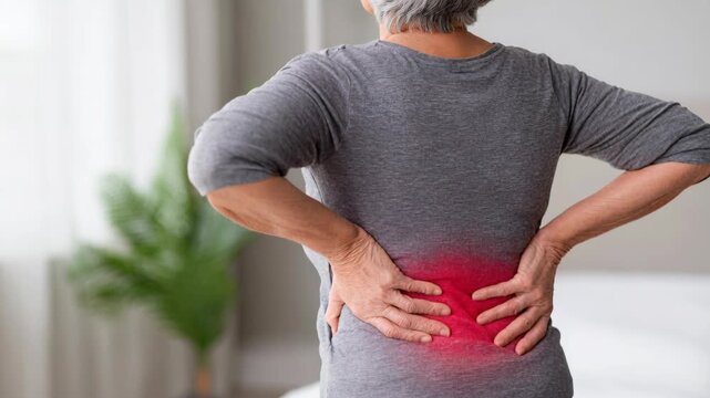 An elderly woman with gray hair is shown from the back, clutching her lower back with both hands. A red glow highlights the area of pain, indicating discomfort.
