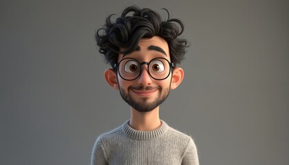 3D cartoon man with curly hair and glasses wears grey sweater, smiles happily. Friendly character, digital art, neutral grey background studio shot. This animated guy fits many creative projects.