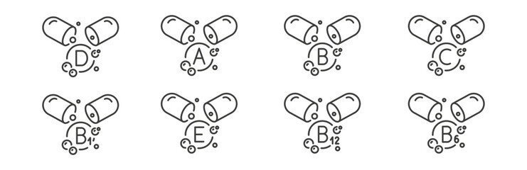 Set of vitamin icons. Label vitamins A, B, C, D, E and more. Nutritional supplements icon. Complex mineral.