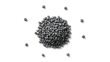 Heap of small gray spherical objects on white background