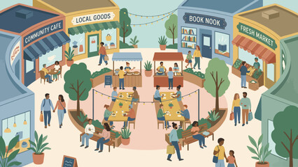 A bustling community square with local shops, market stalls, and people gathering, eating, and socializing.