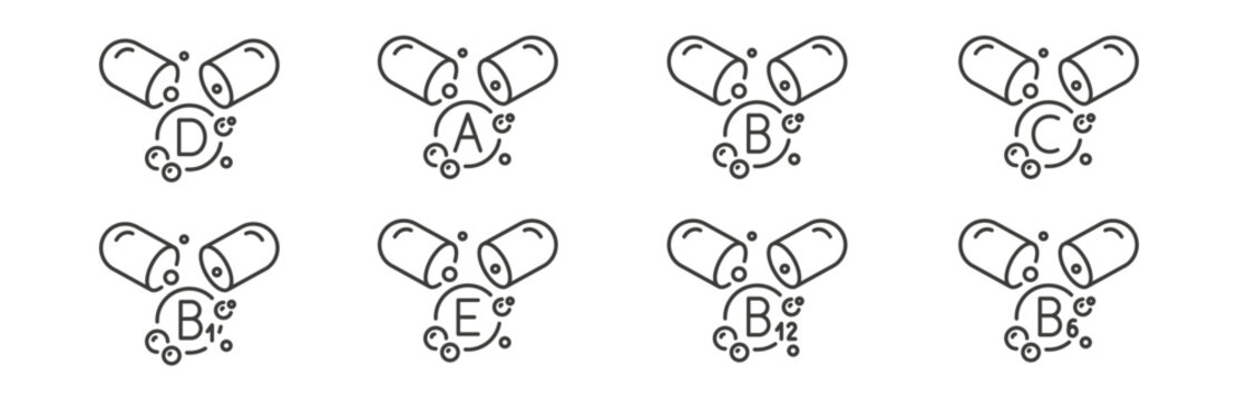 Set of vitamin icons. Label vitamins A, B, C, D, E and more. Nutritional supplements icon. Complex mineral.
