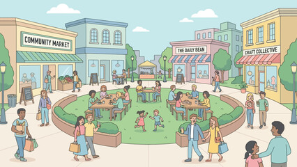 A vibrant community gathering space with people enjoying outdoor dining and shopping at local businesses.