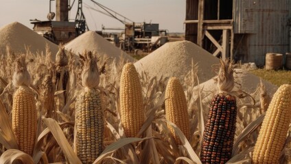 Cornfield Harvest with Grain Piles and Farm Equipment in Background.